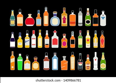 vector Alcohol bottles line icons set. Flat design alcohol bottles collection illustration vector