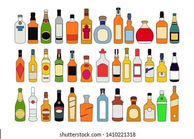 vector Alcohol bottles line icons set. illustration drinks. Object for advertising and web isolated on white background art