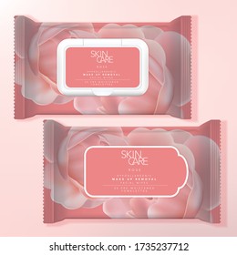 Vector Alcohol Cleansing Wipe or Make Up Removal Wipe Packet Packaging, Resealable Label or Plastic Lid Format. Rose Pattern Printed.