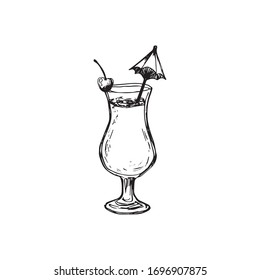 Vector alcohol cocktail pino colada. Hand drawn. Isolated element for summer menu, invitations, vacation design.