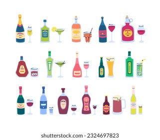 El alcohol vectorial bebe botellas y el juego de gafas. Doodle diferentes botellas de vidrio y vasos llenos de diferentes bebidas con diversas etiquetas. Vodka, whisky, ron, cerveza y vinos. Mojito, tequila