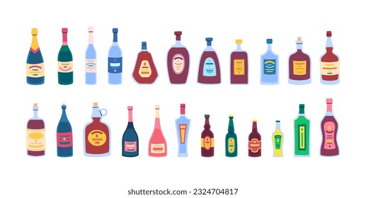 Vector alcohol drink glass bottles set. Doodle glass bottles filled with different beverages with labels. Vodka, whiskey, rum, beer and wine types. Mojito, tequila, vermouth and liquor bottles