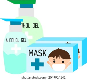Vector of alcohol gel and masks for prevent corona virus (Covid 19). taking care of yourself prevent covid 19