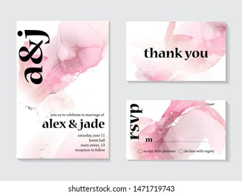 Vector alcohol ink art cloud. Pink watercolor drop mesh design with cute wedding invitation text. Macro liquid background with silver blush strokes. 