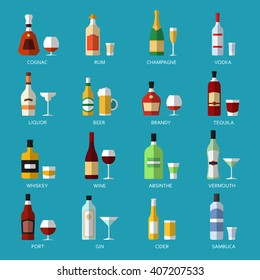 Vector alcohol list with icons for bar menu. Vodka champagne wine whiskey beer brandy tequila cognac liquor martini vermouth gin rum absinthe sambuca cider port. 