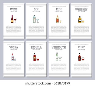 Lista de alcoholes vectoriales con iconos para el menú de barras. Cerveza absinte de champán licor cognac brandy de sidra sambuca. Dibujo del restaurante de la cafetería. Fondo de plantilla