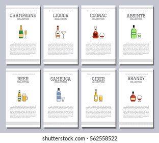 Vector alcohol list with icons for bar menu. Vodka wine whiskey tequila vermouth gin rum port. Brochure cafe restaurant illustration. Template background
