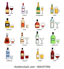 Vector alcohol list icons collection for bar menu. Vodka champagne wine whiskey beer brandy tequila cognac liquor martini vermouth gin rum absinthe sambuca cider port. 