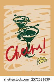 Cartaz de álcool vetorial com coquetel Margarita e frase de motivação mão-carta Cheers. Cartão linear desenhado à mão isolado em fundo bege. Ilustração para design, impressão, tecido ou fundo.