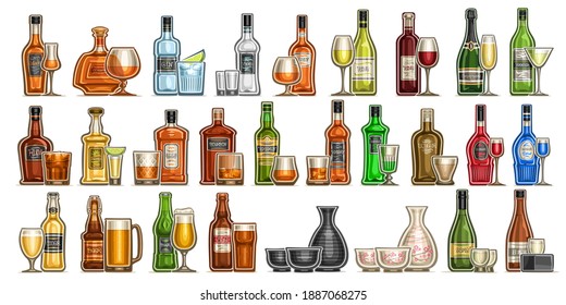 Vector Alcohol Set, variety cut out illustrations of hard spirit drinks in bottles and glasses, red and white premium wine in wineglass, cold ale and lager in pint mug, rice sake in japanese glassware