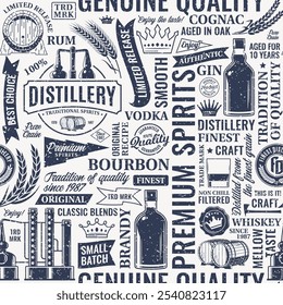 Vector de bebidas alcohólicas sin patrón o fondo. Iconos de destilería y bebidas alcohólicas, Elementos de diseño de marca e identidad