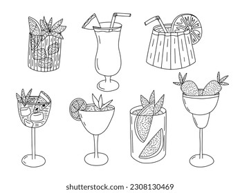 Vector alcoholic cocktail glasses sketches set. Hand drawn different tropical beverages sketches set