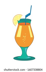 Vector. Alcoholic cocktail with lemon, bubbles and berries. Outline isolated on white background. Cartoon style Festive club parties summer cocktails. Various design elements for drink recipes.