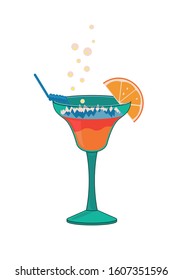 Vector. Alcoholic cocktail with lemon, bubbles and berries. Outline isolated on white background. Cartoon style Festive club parties summer cocktails. Various design elements for drink recipes.