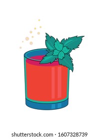 Vector. Alcoholic cocktail with mint leaves, bubbles and berries. Outline isolated on white background. Cartoon style. Festive club parties summer cocktails. Various design elements for drink recipes.