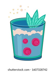 Vector. Alcoholic cocktail with mint leaves, bubbles and berries. Outline isolated on white background. Cartoon style. Festive club parties summer cocktails. Various design elements for drink recipes.