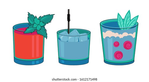 Vector. Alcoholic cocktail with mint leaves, bubbles and berries. Outline isolated on white background. Cartoon style. Festive club parties summer cocktails. Various design elements for drink recipes.