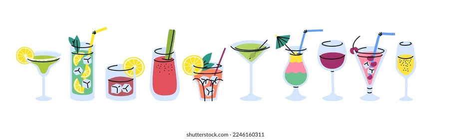 Vector alcoholic cocktails with straws and lemon slice set. Bloody mary, martini, margarita bar drinks in glasses. Wine, champagne, whiskey spirits with umbrella, cherry and mint leaves illustration