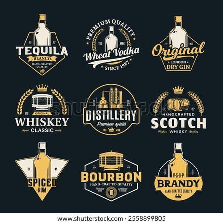 Vector alcoholic drinks and distillery vintage logo isolated on a dark background. Distillery, bar or pub branding and design elements