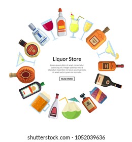 Vector alcoholic drinks in glasses and bottles in circle form with place for text in center illustration