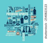 Vector alcoholic drinks typographic illustration. Distillery and alcoholic beverages icons, branding and identity design elements
