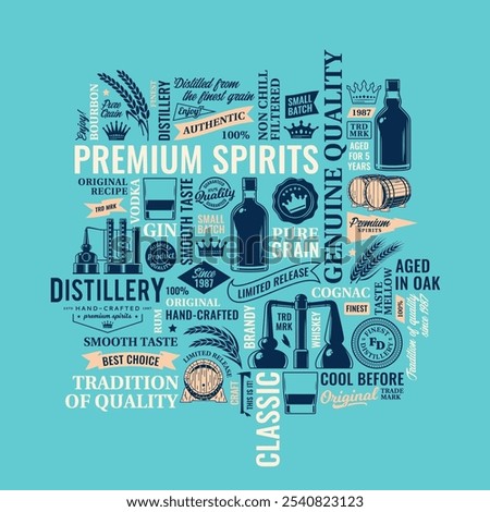 Vector alcoholic drinks typographic illustration. Distillery and alcoholic beverages icons, branding and identity design elements