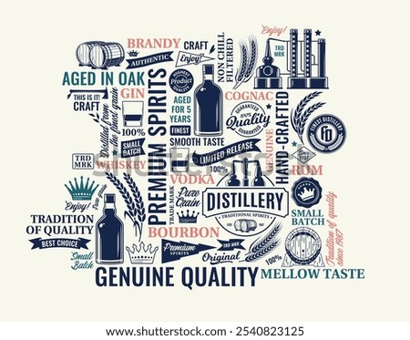 Vector alcoholic drinks typographic illustration. Distillery and alcoholic beverages icons, branding and identity design elements