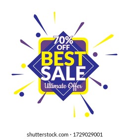 Vector ale badge with eight point star, abstract objects, and text : 70% OFF, BEST SALE, Ultimate Offer in blue, yellow, and white