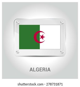 Vector Algeria Flag glass plate with metal holders - Country name label in bottom - Gray background vector illustration