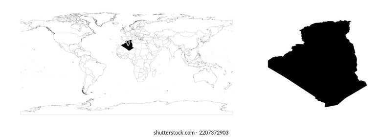 Mapa vectorial de Argelia que muestra la ubicación del país en el mapa del mundo y un mapa sólido para Argelia sobre fondo blanco. El archivo es adecuado para la edición digital y las impresiones de todos los tamaños.
