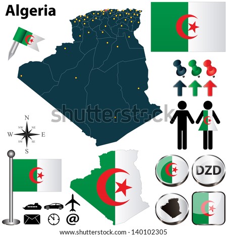 Vector of Algeria set with detailed country shape with region borders, flags and icons
