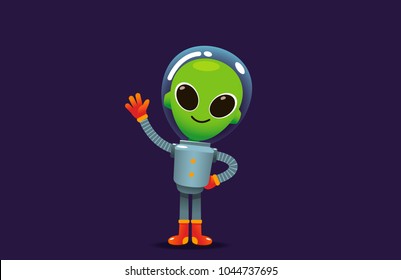 Vector alien character in space suit waving hand.