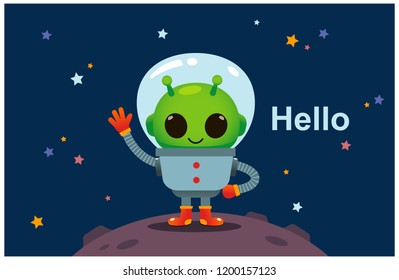 Vector alien character standing on some planet with text Hello