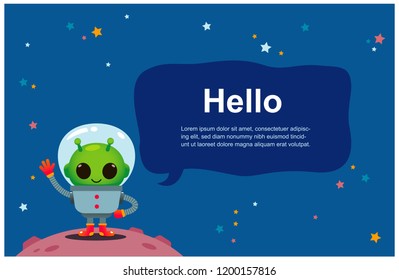 Vector alien character standing on some planet with text Hello