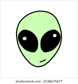 Vector Alien face drawn in a flat style. Green man sticker from space. Children's space illustration.