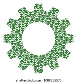 Vector alien face icons are formed into cogwheel mosaic. Machinery design concept constructed of alien face elements.