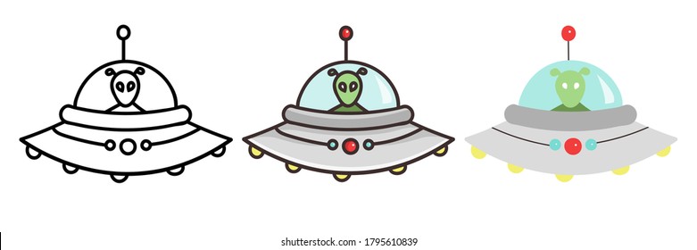 vector alien en un platillo volador en tres estilos - Doodle, caricatura, plano.Hand dibujado. Elementos y objetos Cosmos. Línea y contorno monstruo en nave espacial.aislado en fondo blanco.