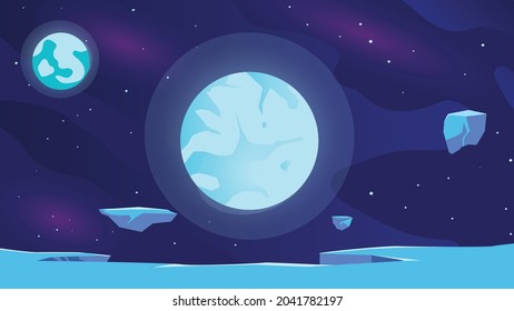 Vector alien moon spaceillustration with bright effects background.