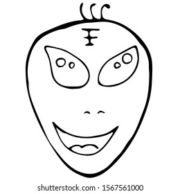 Vector alien smiling face isolated on white. Outlined humanoid image.