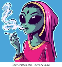 Vector de una mujer extranjera que usa un sari y un hijab que fuma un cigarrillo. Vector de una chica extraterrestre con vestido rosa