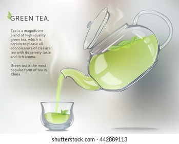 Vector. All picture elements are separated from each other. Glass teapot pours into the transparent cup of green tea. Use decorating design web, wall, greeting, wedding cards.