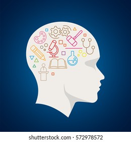Vector all sciences symbols in human brain. Concept illustration.
