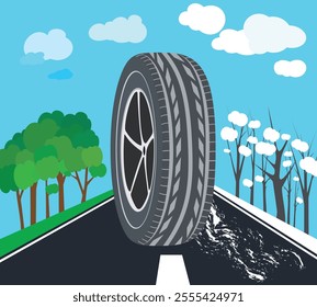 Vector all Season wheel tire icon with treads.