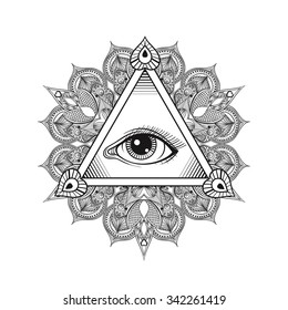 Vector All seeing eye pyramid symbol. Tattoo design. Vintage hand drawn freedom, spiritual, occultism and mason sign in doodle style.  Eye of providence  with mandala.