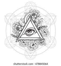 Vector all seeing eye pyramid symbol with peony flower. and sacred geometry. Eye of Providence. Tattoo design, astrology, occultism, mystic symbol, boho design. Print, t-shirts and textiles.