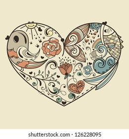 vector allegoracal heart with animals and floral elements, fully editable eps 8 file