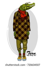 Vector alligator with red scarf and glasses. Hand drawn illustration of dressed crocodile. 4