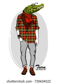 Vector alligator with red scarf and glasses. Hand drawn illustration of dressed crocodile. 1