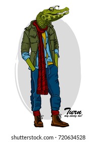 Vector alligator with red scarf and glasses. Hand drawn illustration of dressed crocodile. 3