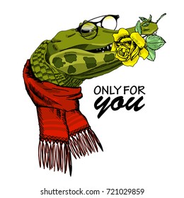 Vector alligator with red scarf, rose and glasses. Hand drawn illustration of dressed crocodile. 